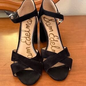 Sam Edelman Black Suede Crisscross Block Heel Sandals with Ankle Strap
